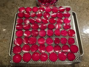 Sliced Beet Chips On The Dehydrator Tray